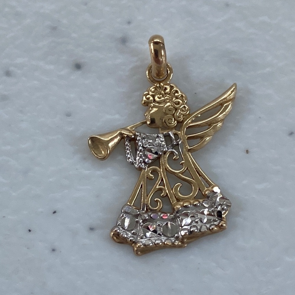 10k Solid Yellow & White Gold Angel Playing the Trumpet Pendant - Picture 2 of 9